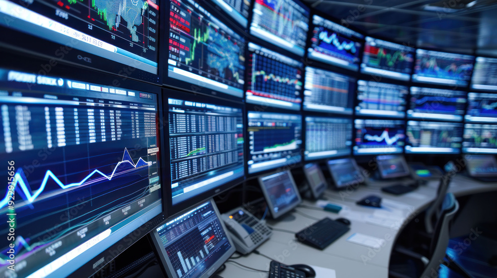 Aufkleber Financial Data Overload - Multiple Computer Screens Show Stock Market Information in Busy Office Setting