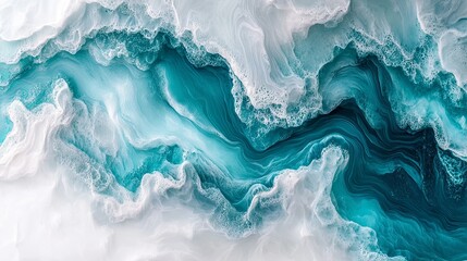 Obraz premium Envision a splendid artwork of wavy resin sheets in turquoise and white, with a marbleized texture and macro zoom. The large-scale canvas symbolizes an abstract ocean shoreline, with intricate
