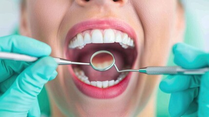 Close up of a patient s open mouth with a dental professional using tools to provide a free oral health check up at a community dental health fair promoting free preventive care and wellness services