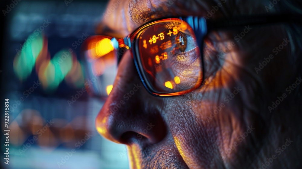 Aufkleber Intense Stock Trader Analyzing Market Trends with Neon Financial Data Overlay - Close-up Portrait with Analytics Graphics