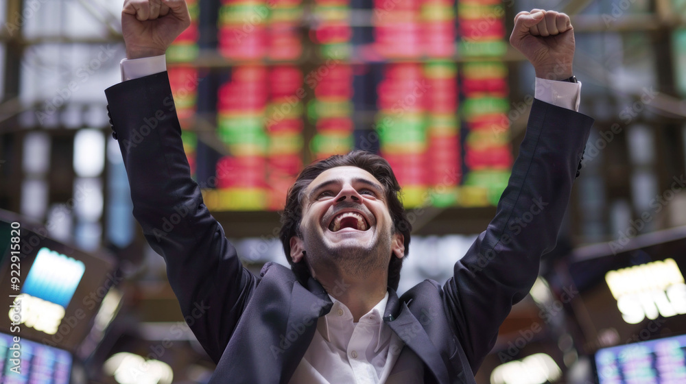 Poster jubilant stock market trader celebrating successful trade with fist pump gesture in front of compute