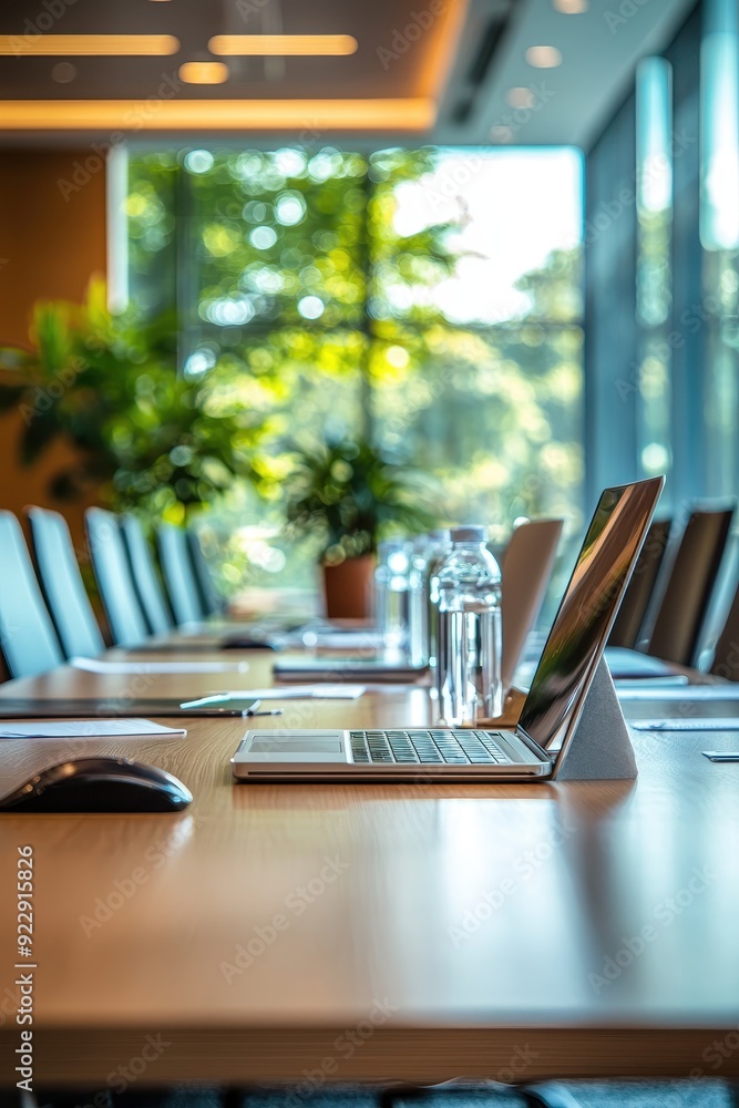 Poster laptop computer with opened lid on table in meeting room
