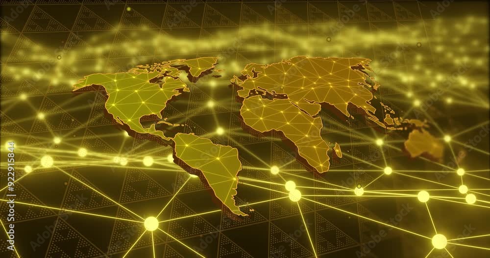 Poster glowing network connections on world map, global communication in animation