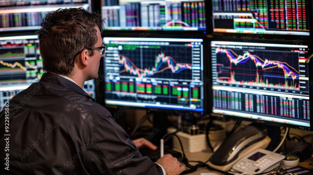 Aufkleber Analyzing Stock Trends: Financial Data Analyst Studying Market Performance on Multiple Screens