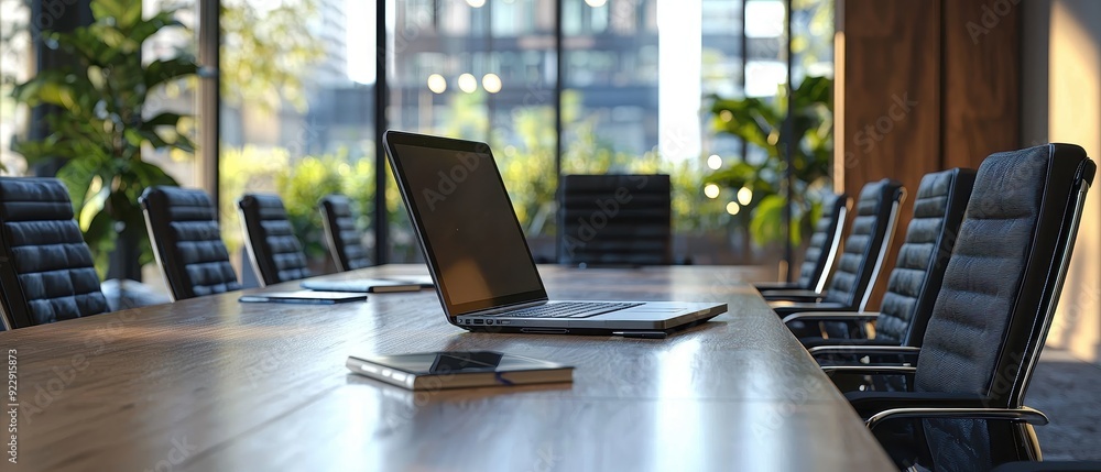 Poster laptop computer with opened lid on table in meeting room