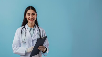 A smiling doctor stands confidently with a clipboard, dressed in a lab coat and stethoscope, ready to assist patients