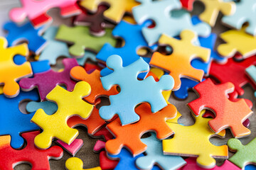 Fototapeta premium Colorful puzzle pieces background, close-up view of jigsaw game elements, Generative AI