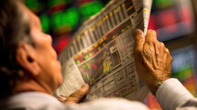 Analyzing Stock Market Updates: Investor Engrossed in Financial Newspaper Reading for Investment Strategies and Market Insights