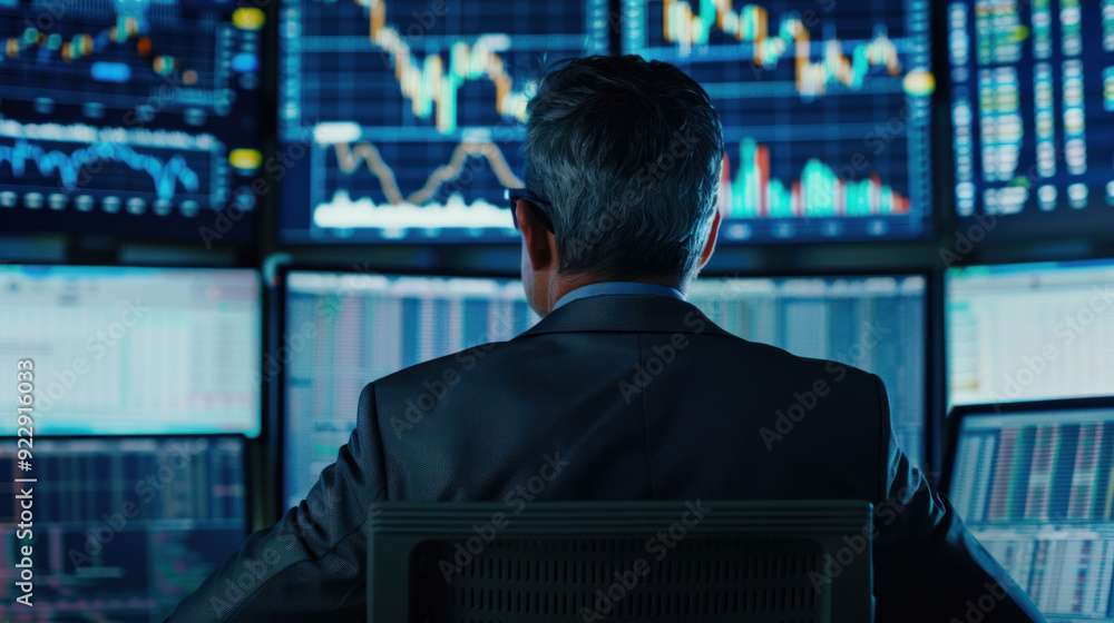 Aufkleber Modern Financial Trader Analyzing Stock Data on Multiple Monitors