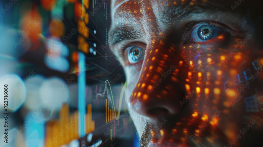 Poster Intense Focus: Stock Trader Analyzing Holographic Financial Data