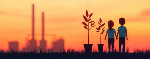 Fototapeta premium Children Planting Trees Against Industrial Background.