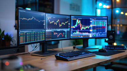 Naklejka premium Dynamic Trading Desk with Multiple Monitors Displaying Real-Time Stock Market Trends
