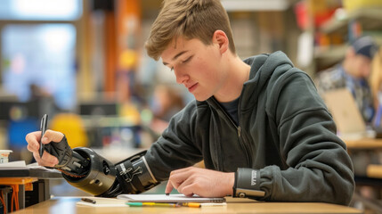 Determined Student with Prosthetic Arm Using Adaptive Writing Aid for Taking Notes in Classroom