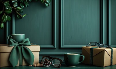 happy fathers day banner design flat lay vertical composition with necktie coffee cup glasses gift box with green ribbon bow on dark green background.