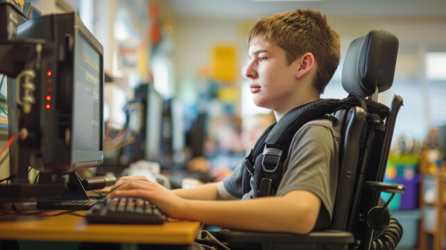 Determined student with muscular dystrophy using voice-activated computer technology in inclusive classroom setting for learning assistance.