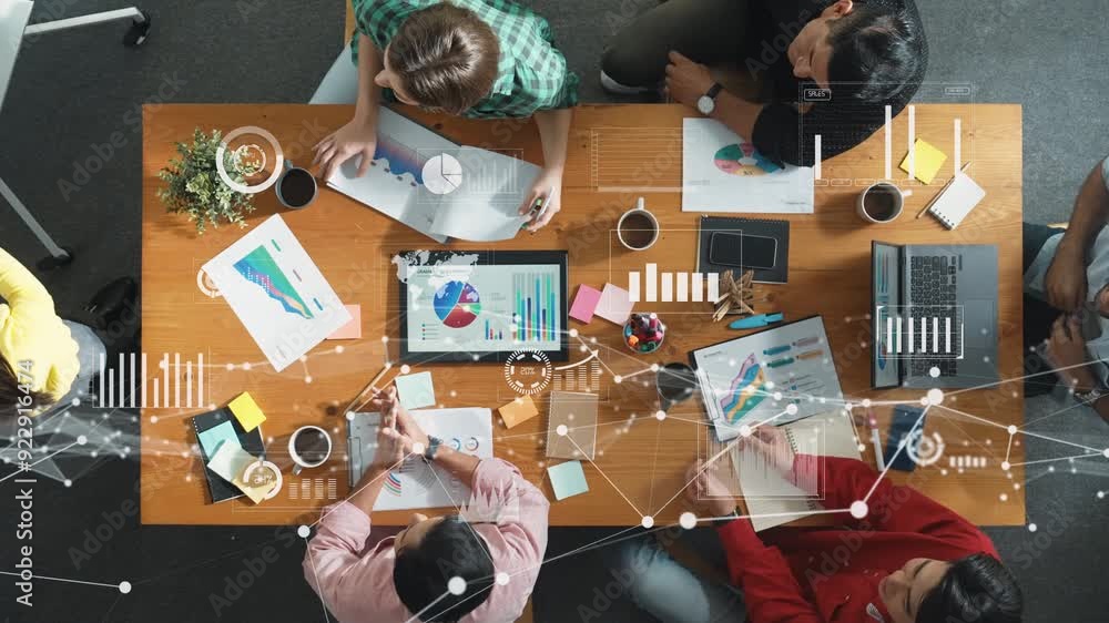 Poster top view of business team discussing and brainstorming about financial chart. diverse creative peopl