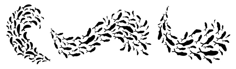Diverse fish school formations create mesmerizing patterns in the water. These marine creature wave shapes, seen underwater, swirl elegantly. Ideal for border ornament graphic or logo design.