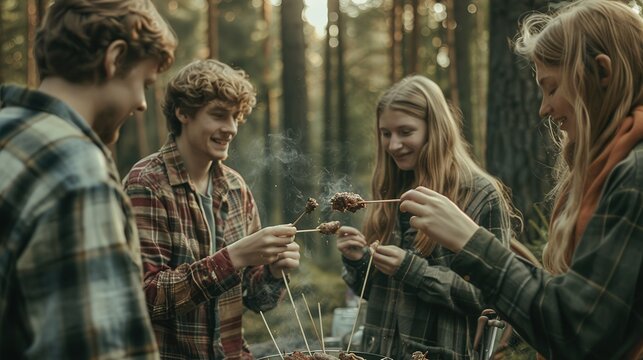Guys and lassies feed each other with skewers in outing in wood