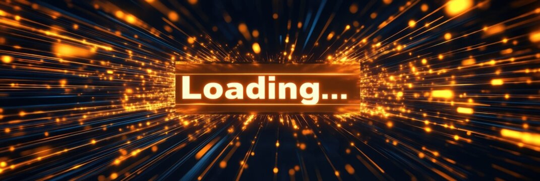 Loading word on black digital technology background. Golden lines on monitor screen. Data load concept, graphic design