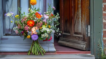 Fototapeta premium A bouquet of flowers delivered on a porch doorsteps of a house front door