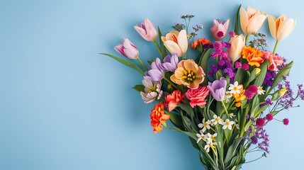 A bouquet of fresh spring flowers on blue background
