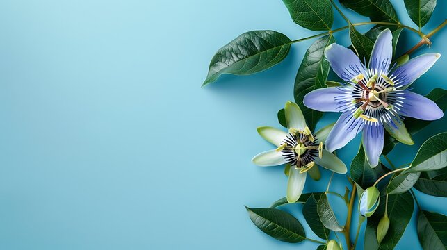 a blue passion flower passiflora on blue background