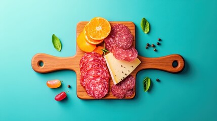 Gourmet Charcuterie Board with Artfully Arranged Meats, Cheeses, and Fruits in Elegant Flat Design - Copy Space for Text