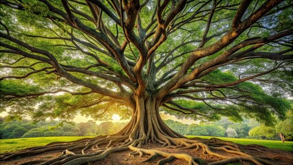 A large tree with an intricate network of tangled roots, tree, roots, nature, forest, growth, tangled, interconnected