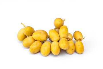 Fresh fruits dates bunch Barhee or Barhi has yellow fruit isolated on white background.