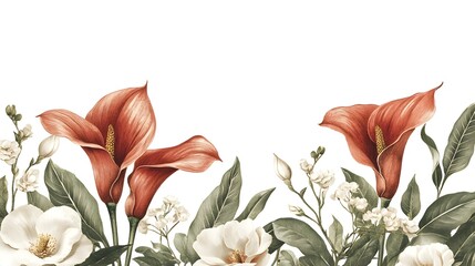 Illustration of a floral arrangement with red calla lilies, and white magnolia blossoms. Template for quotes, and greetings cards.