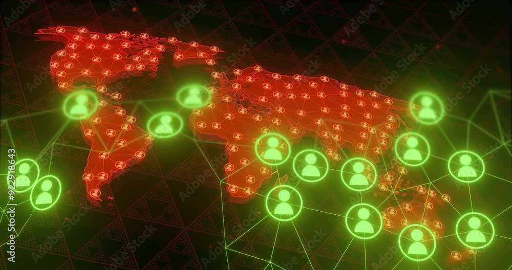 Poster global network of connections and data processing animation over world map