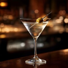 A classic martini garnished with an olive, elegantly presented on a polished bar top in a dimly lit cocktail lounge. Generative AI