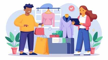 Obraz premium This image depicts a shopper assisting a client, simplifying the shopping experience by offering tailored recommendations based on the client's style and needs.