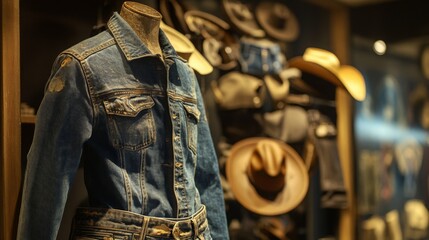A denim jacket stands on display beside various vintage hats in a western-themed retail space, showcasing fashion history.