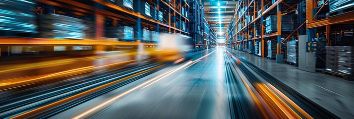 An active warehouse scene captured in motion blur. Generative Ai