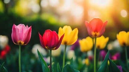 Sun-Kissed Tulips: A vibrant field of tulips basks in the warm glow of the setting sun, their petals painted in hues of pink, red, yellow, and purple, creating a stunning display of nature's beauty.