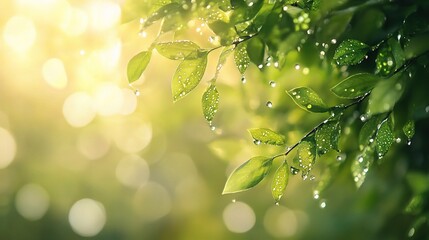 Obraz premium Sunlight Through Dew-Kissed Leaves: A captivating image of glistening raindrops adorning vibrant green leaves, bathed in the warm glow of the sun, creating a serene and tranquil atmosphere. 