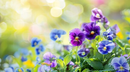 Adorable blooming pansies in summer garden on natural background