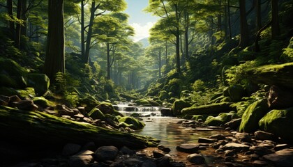 Fototapeta premium Sunlight filtering through the leaves of a dense forest