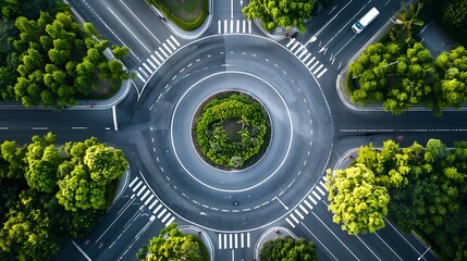 Aerial top view of asphalt road twin lane with traffic island