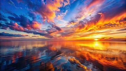 Vibrant sunset sky reflecting over calm sea , sunset, ocean, horizon, peaceful, tranquil, glow, dusk, twilight, water, reflection