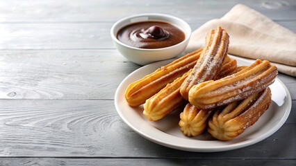 Churros dipped in Nutella sauce on a white plate , dessert, sweet, fried, delicious, snack, treat, pastry, chocolate
