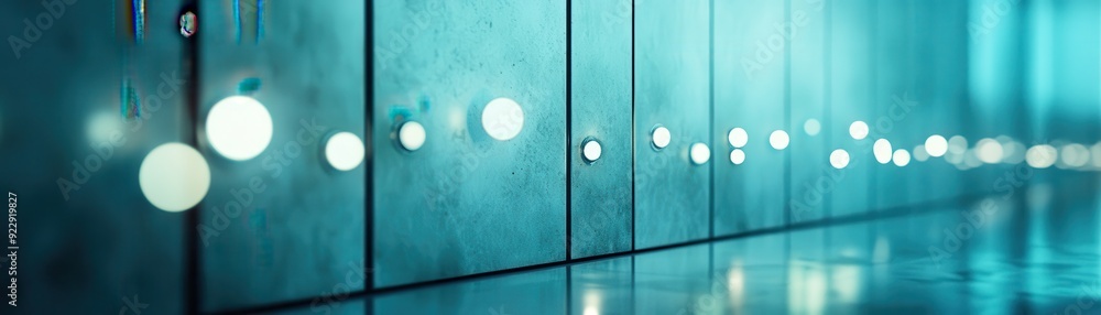 Poster a serene view of illuminated orbs along a sleek, reflective surface, creating a calming ambiance in 