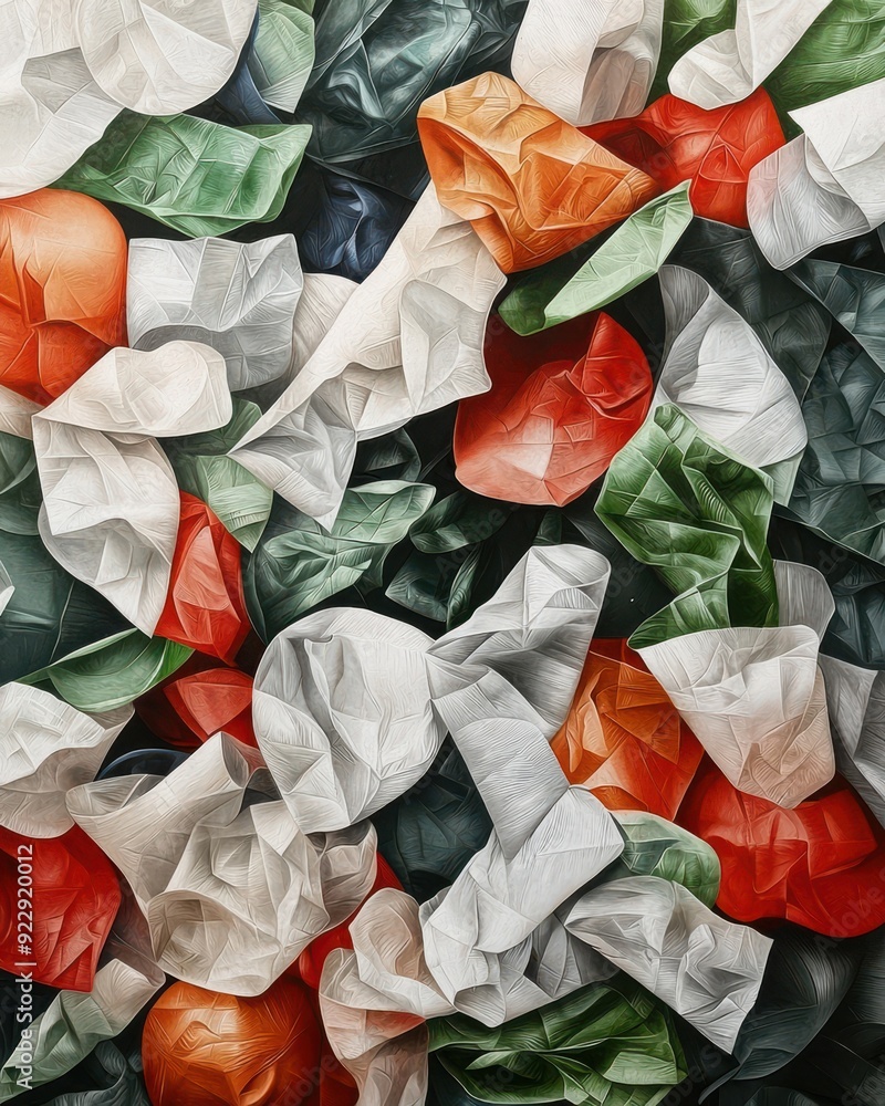 Poster a vibrant abstract composition featuring crumpled papers in various colors, creating an organic text