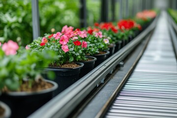 Vibrant flowers in pots line a conveyor belt in a bustling greenhouse during spring cultivation season. Generative AI