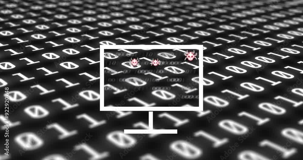 Aufkleber computer virus icons and binary code animation over monitor graphic
