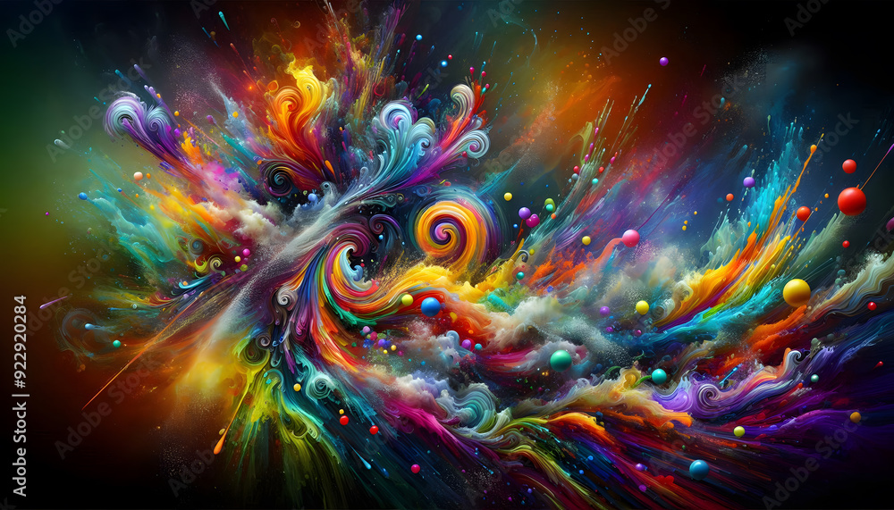 Poster vibrant and colorful abstract background with swirls and splashes of paint, creating a dynamic and e