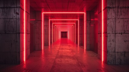 Fototapeta premium Produce a visual of a modern concrete corridor lit by red neon lights, showcasing a contemporary aesthetic