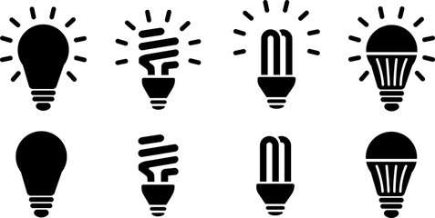 Set Light Bulb vector icon sign, Collection Idea icon. Lamp, Thinking concept. Group Lighting Electric lamp. Electricity bulb.