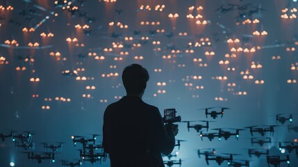 A person stands captivated by a stunning aerial drone light show inside a large venue